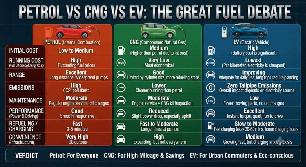 Petrol vs CNG vs EV