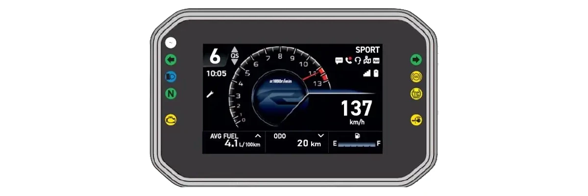 The new 5-inch TFT dash lets you switch between three riding modes and connect wirelessly to your phone
