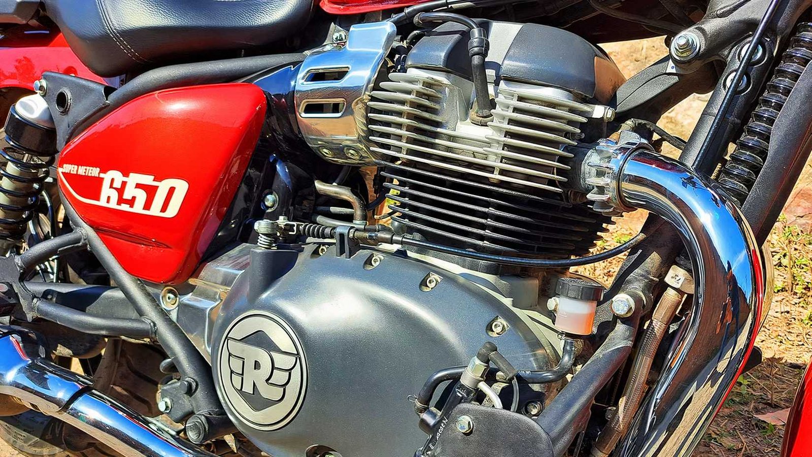 Close-up detail shot of the Royal Enfield Super Meteor 650 engine
