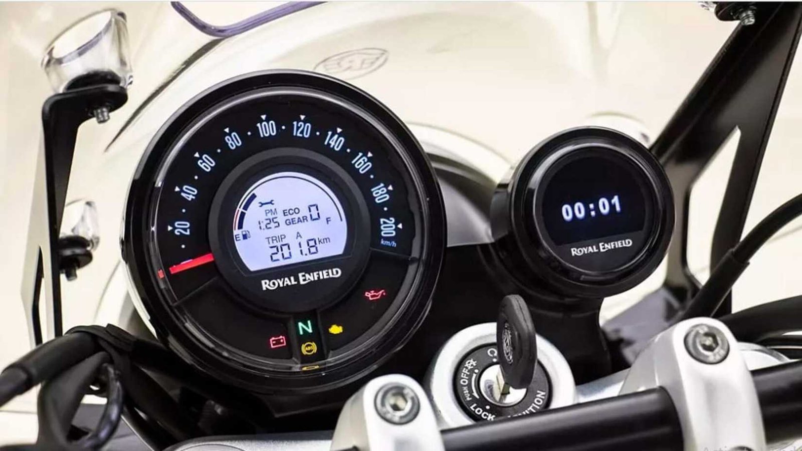 Close-up shot of a 2023 Royal Enfield Super Meteor 650 dash