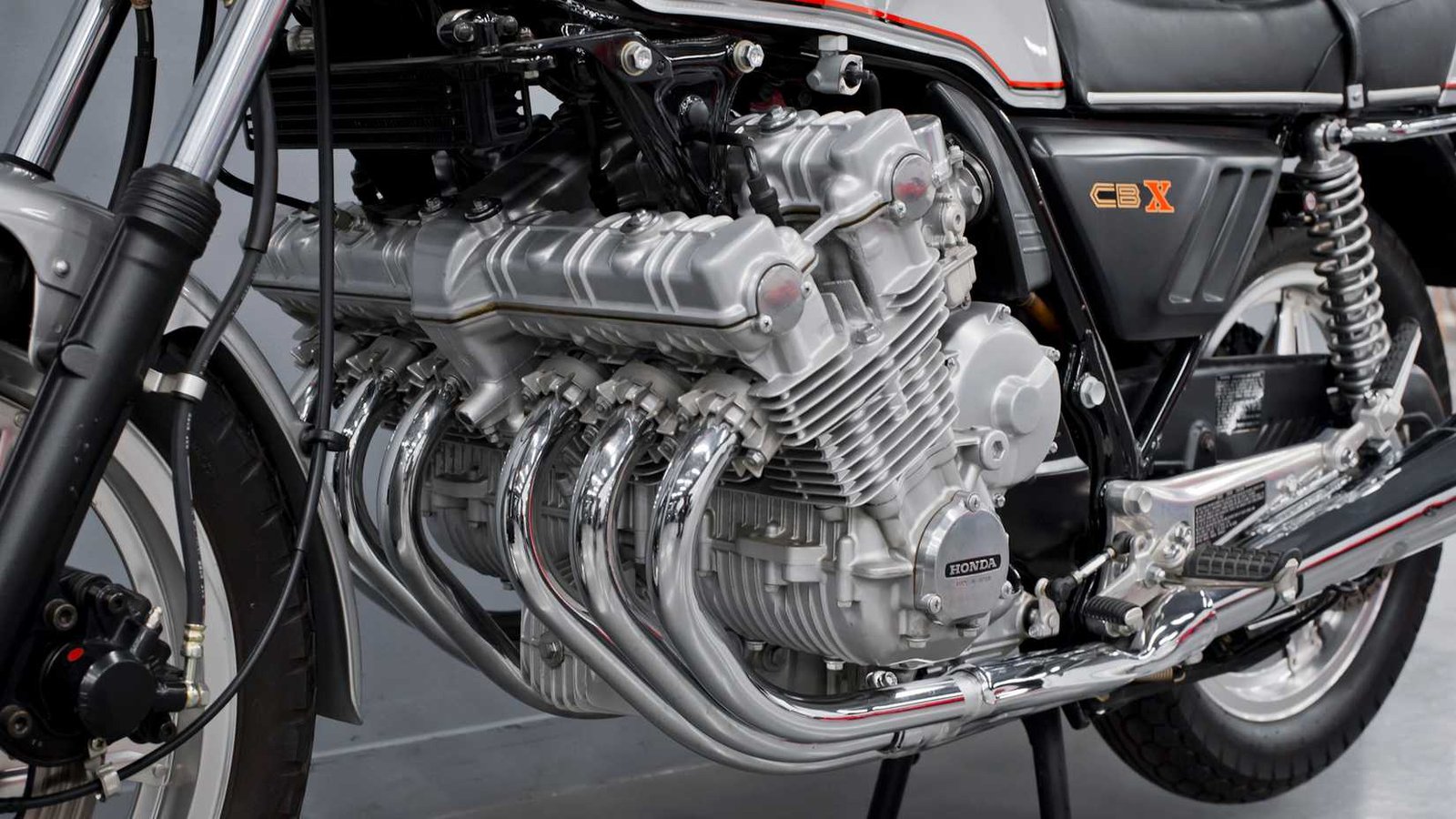 A detail shot of the 1979 Honda CBX' engine